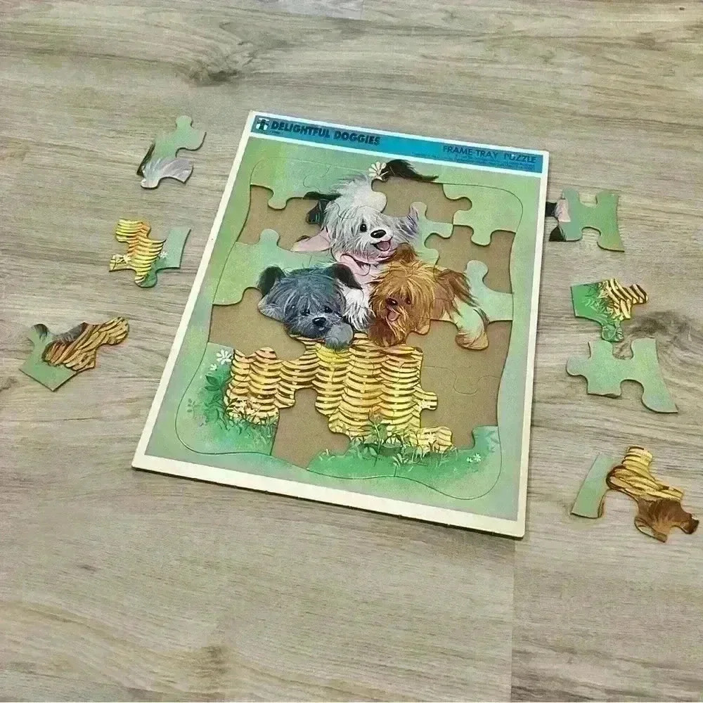 Vintage 1968 Rainbow Works Cardboard Frame Tray Puzzle Delightful Doggies 11x13 - Picture 3 of 6